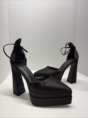 Azalea Wang Mika Chunky Platform High Heel Pump Shoes Satin Ankle Strap Black 10